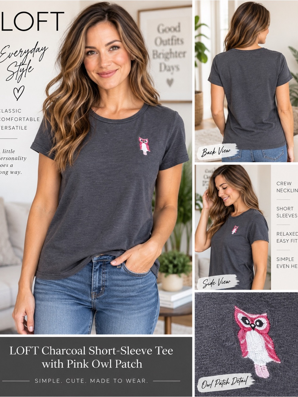 LOFT Charcoal Gray Pink Owl Patch Short Sleeve Tee Size M
